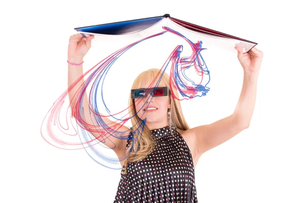 Sorrindo mulher lendo um livro com conceito de óculos 3d — Fotografia de Stock