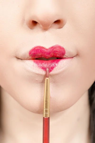 Beauty Sexy Lips with Heart Shape paint. Love Concept. Kiss — Stock Photo, Image