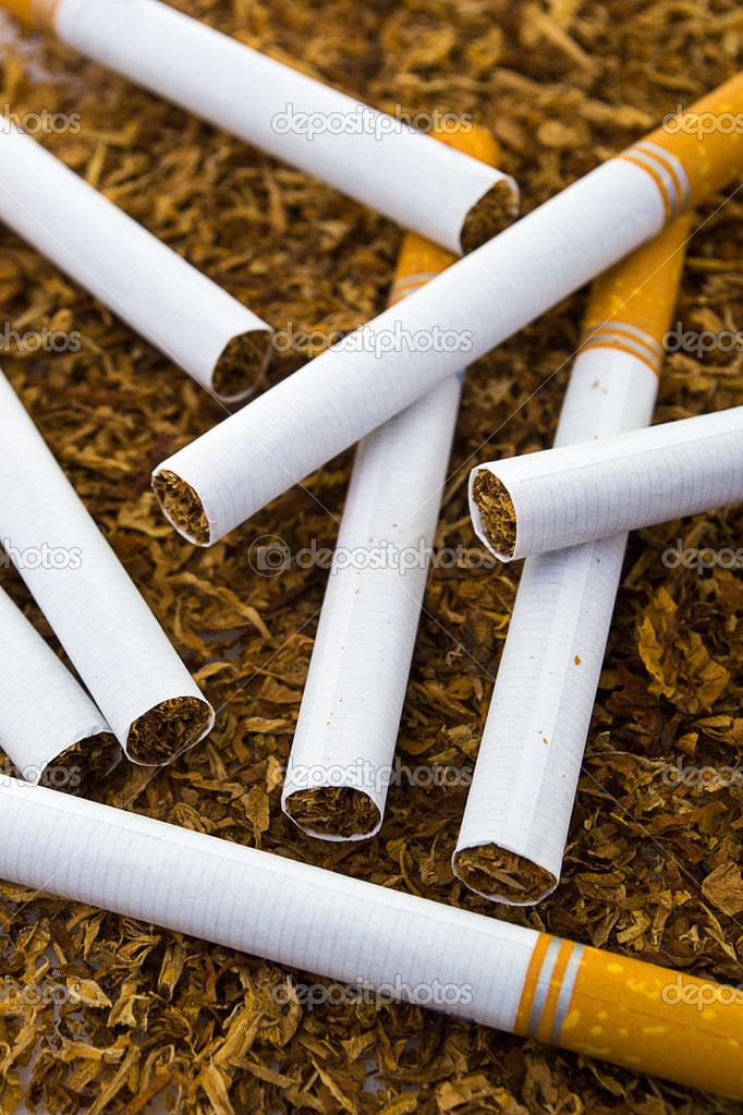Closeup of cigarettes detail on tobacco background