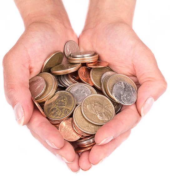 Handful with coins in the palm of hands — Stock Photo, Image