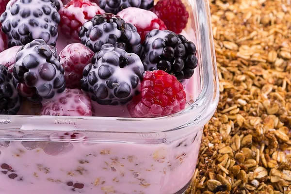 Yoghurt met muesli en bessen — Stockfoto