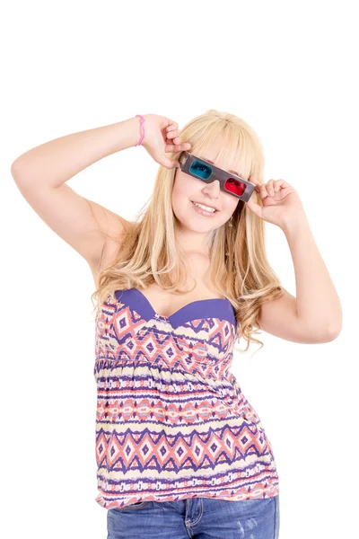 Junge schöne Frau mit 3D-Brille, isoliert auf weiß — Stockfoto