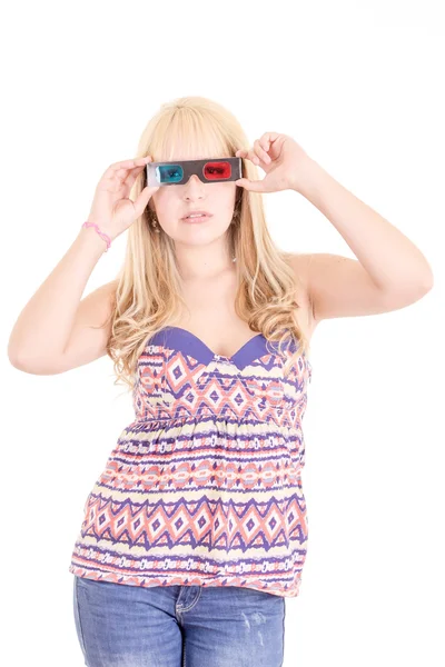 Junge schöne Frau mit 3D-Brille, isoliert auf weiß — Stockfoto