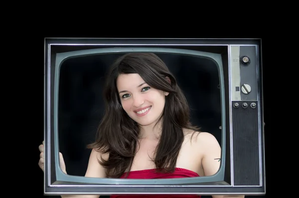 Mujer joven con marco de televisión de edad foto —  Fotos de Stock