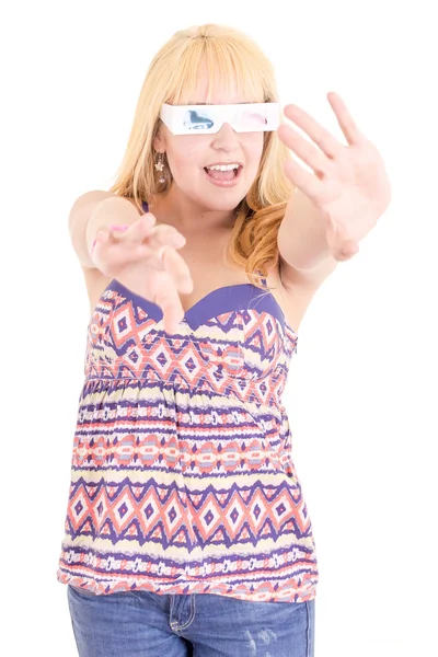 3 d メガネを掛けて、白で隔離される若い美しい女性 — ストック写真