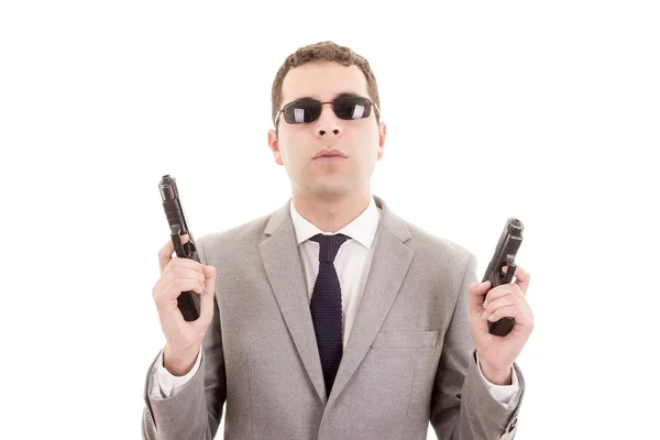 Empresário com arma isolada em branco — Fotografia de Stock