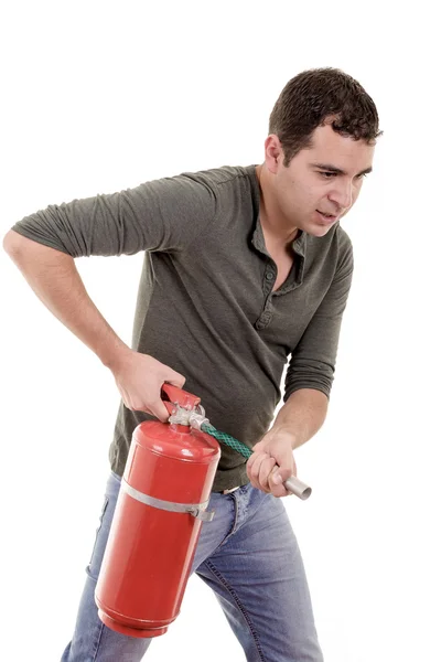 Business man holding fire extinguisher with empty space for your text — Stock Photo, Image