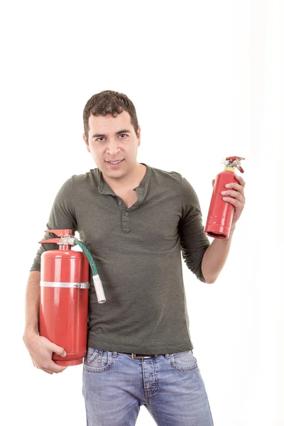 Деловой человек держит огнетушитель с пустым местом для текста — стоковое фото