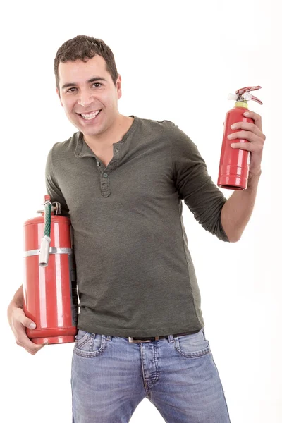 Hombre sosteniendo un extintor de incendios, aislado en blanco —  Fotos de Stock