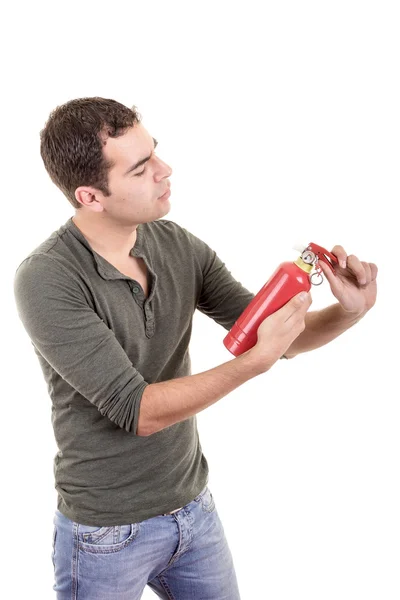 Man holding a fire extinguisher, isolated on white — Stock Photo, Image