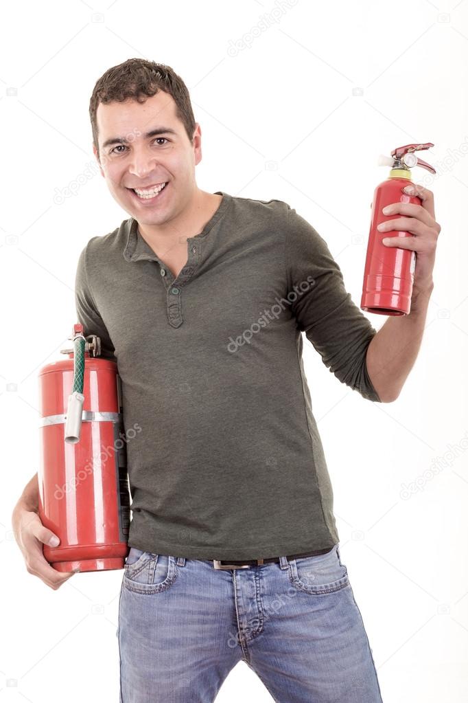 Man holding a fire extinguisher, isolated on white