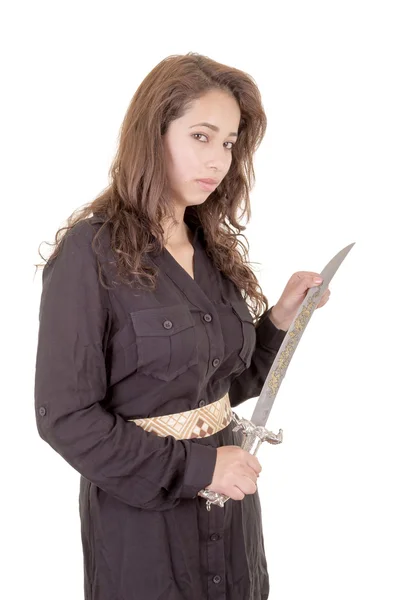 Hispanic woman holding a axe — Stock Photo, Image