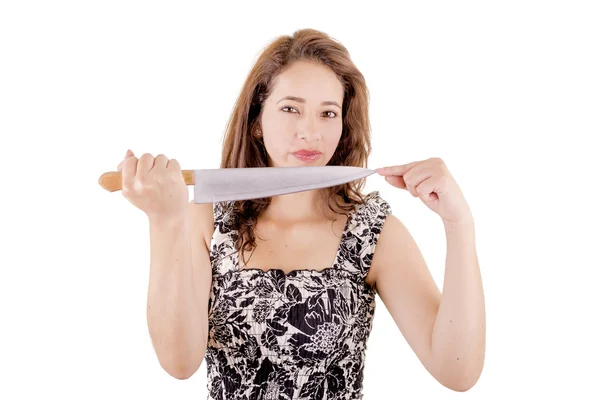 Mujer asesina en vestido, con un cuchillo — Foto de Stock