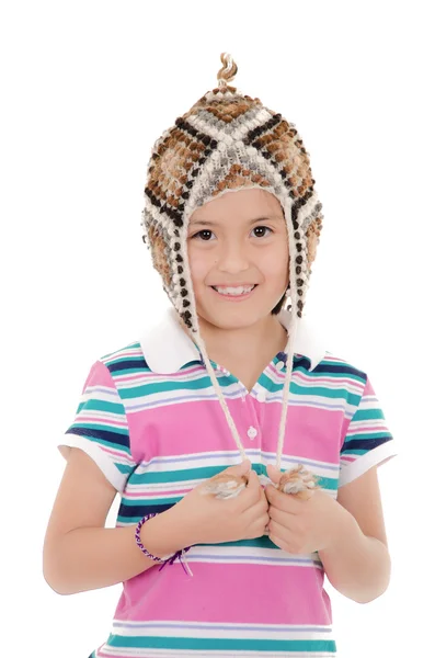 Pequena menina hispânica com chapéu peruano — Fotografia de Stock