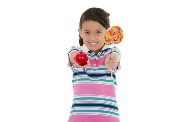 Bambina e lecca lecca grande con mela — Foto Stock