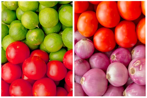 Collage av färgglada grönsaker och frukt korg livsmedelsbutiker. — Stockfoto