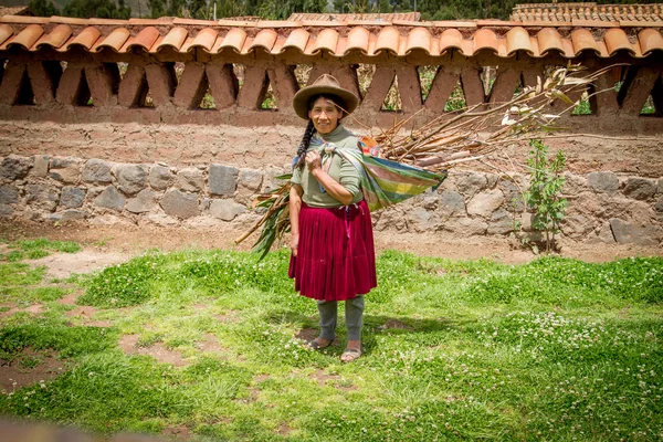 Peruvian Indian Woman in Traditional Dress Weaving — Stockfoto