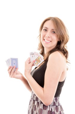 atractive kız iskambil izole beyaz zemin üzerine