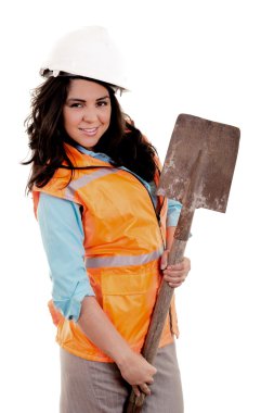 planları ve kürek tutan kadın inşaat işçisi