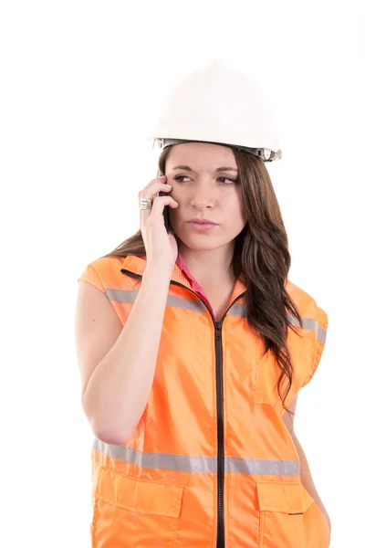 Female construction worker or engineer with hard hat Multiracial model. — Stock Photo, Image