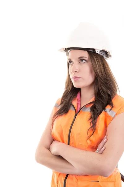 Pracownik budowlany kobiece lub inżynier z wielorasowe modelu twardy kapelusz. — Zdjęcie stockowe