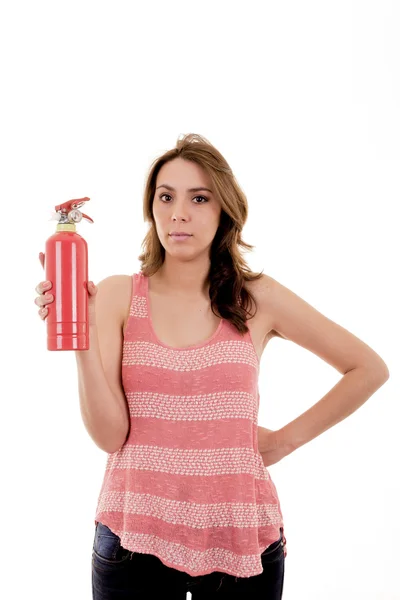 The image of young woman with extinguisher on white — Stock Photo, Image