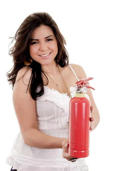 Business woman in holding fire extinguisher — Stock Photo, Image