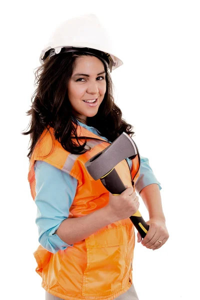 Young worker woman working with axe isolated on white background — Stock Photo, Image