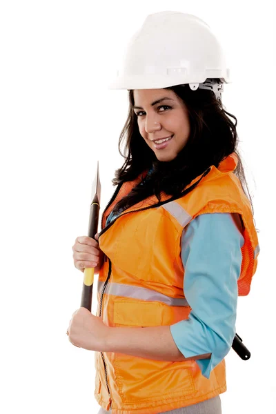 Young worker woman working with axe isolated on white background — Stock Photo, Image