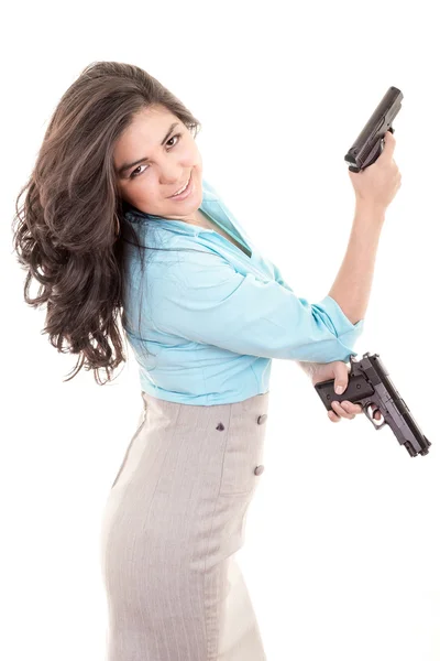 Professonal woman with gun pointing — Stock Photo, Image