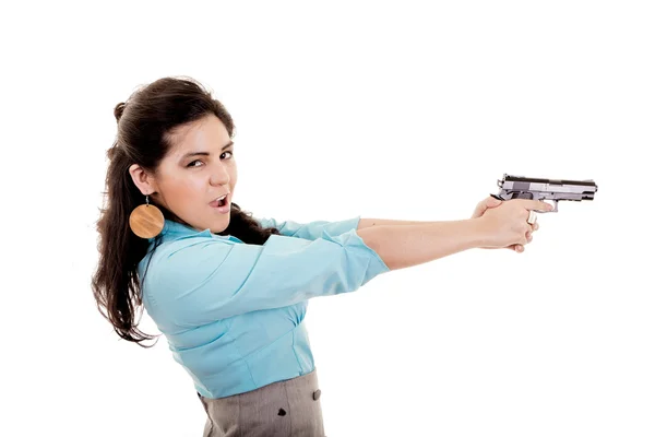 Professonal woman with gun pointing — Stock Photo, Image