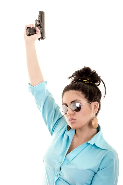 Woman with guns isolated on a white background — Stock Photo, Image