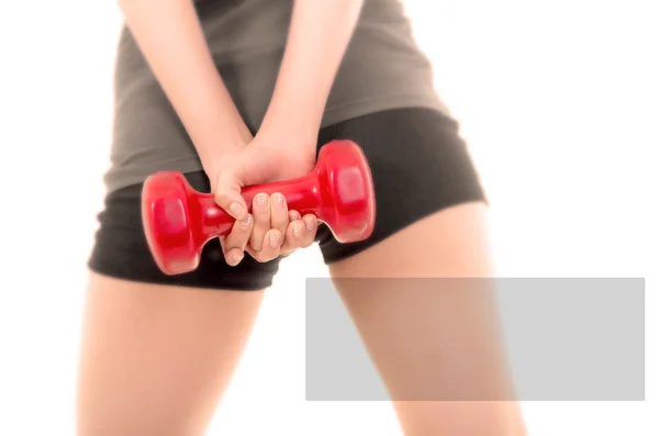 Close up, muscular woman body with dumbells copyspace sign — Stock Photo, Image