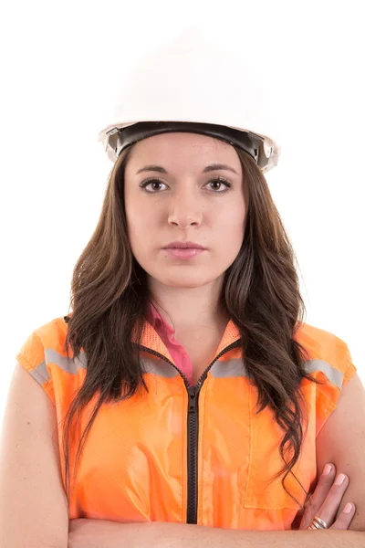 Female construction worker or engineer with hard hat Multiracial model. Royalty Free Stock Photos
