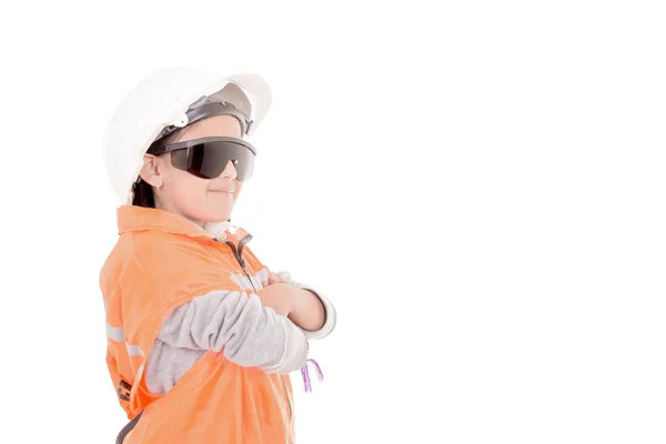 Young girl construction worker in a hard hat and vest — Stock Photo, Image