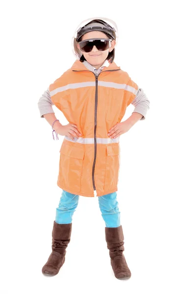 Young girl construction worker in a hard hat and vest — Stock Photo, Image