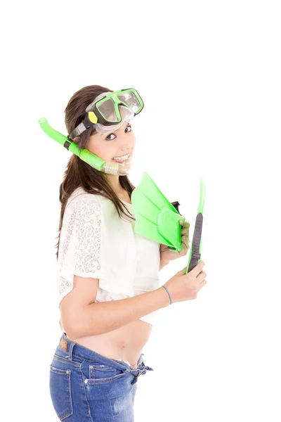 Mujer de vacaciones en ropa de verano con snorkel y aletas —  Fotos de Stock