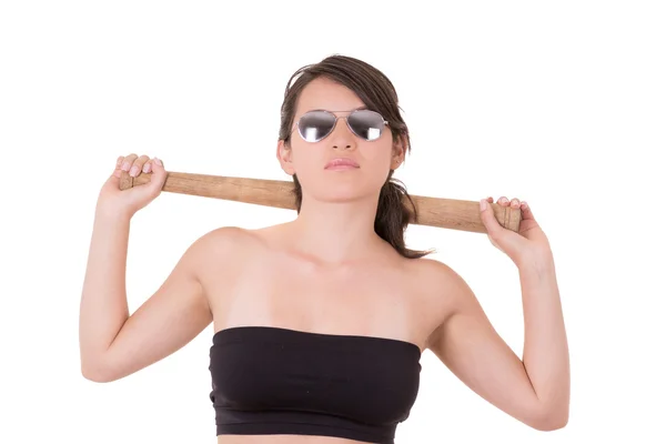 Pretty lady with a baseball bat, isolated on white background — Stok fotoğraf