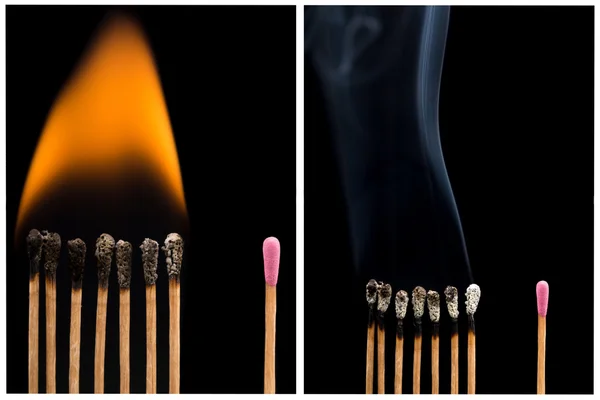 Set di fiammiferi interi e bruciati in diverse fasi — Foto Stock