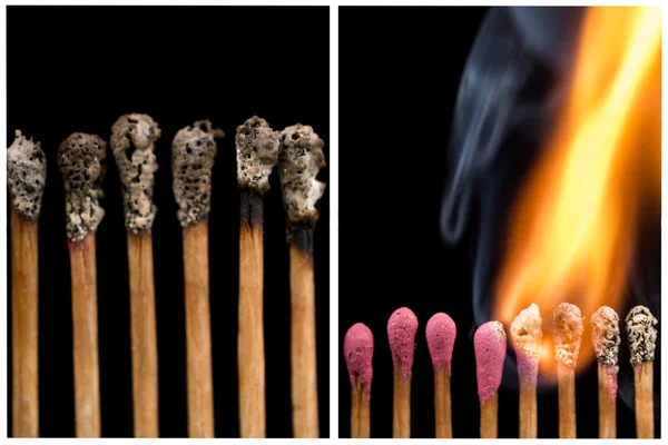 Conjunto de fósforos inteiros e queimados em diferentes estágios — Fotografia de Stock