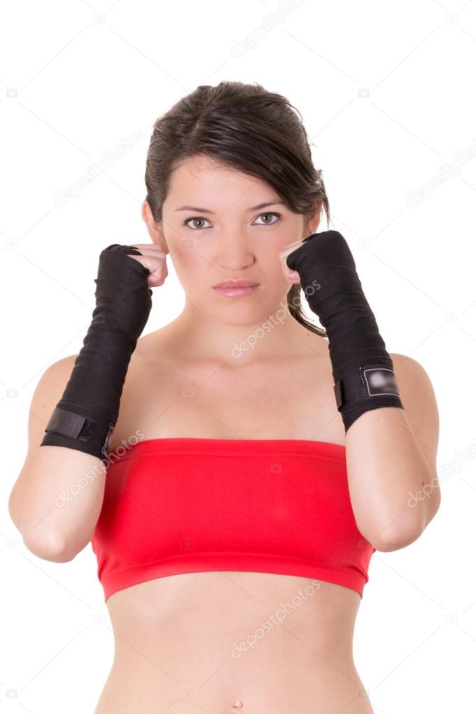 Female MMA fighter training white background