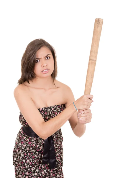 Pretty lady with a baseball bat, isolated on white background — Stockfoto