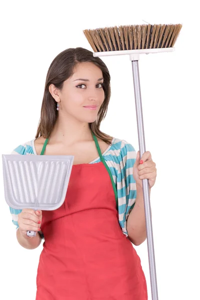 Jovem mulher de limpeza sorridente. Isolado sobre fundo branco . — Fotografia de Stock