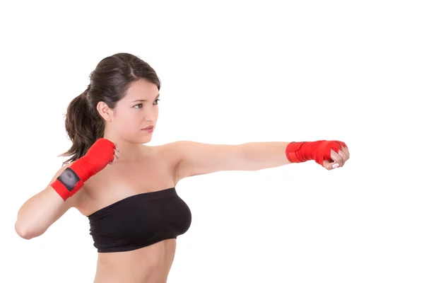 Sport young woman, gloves, fitness girl over white background — Stock Photo, Image