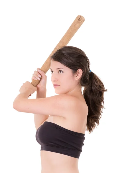 Красивая женщина с бейсбольной битой, изолированные на белом фоне Лицензионные Стоковые Фото