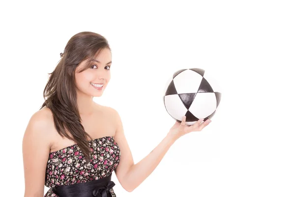 Seksowny brunetka kobietę na sobie sukienkę z piłki nożnej — Zdjęcie stockowe