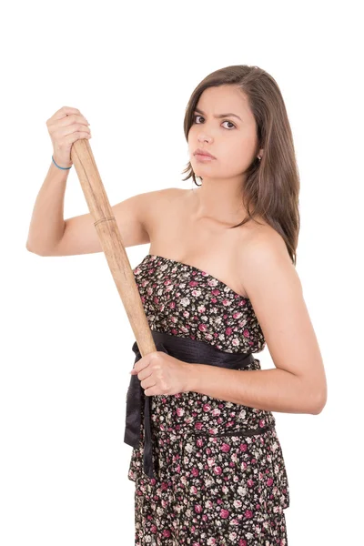 Krásná žena s baseballovou pálkou, izolovaných na bílém pozadí — Stock fotografie