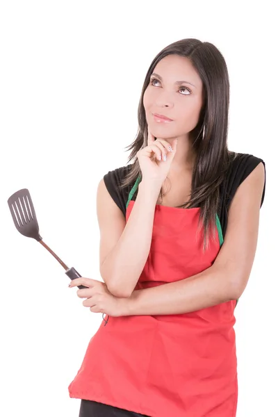 Mujer joven cocinando, aislada sobre fondo blanco —  Fotos de Stock