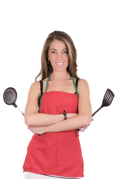 Preciosa mujer cocinera en delantal —  Fotos de Stock