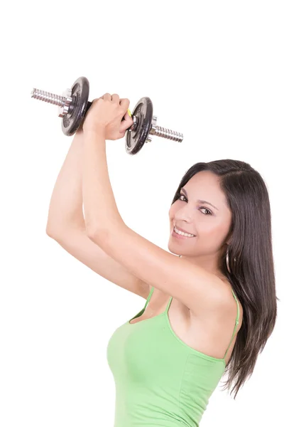 Mujer hispana juguetona haciendo ejercicio, levantando pesas — Foto de Stock